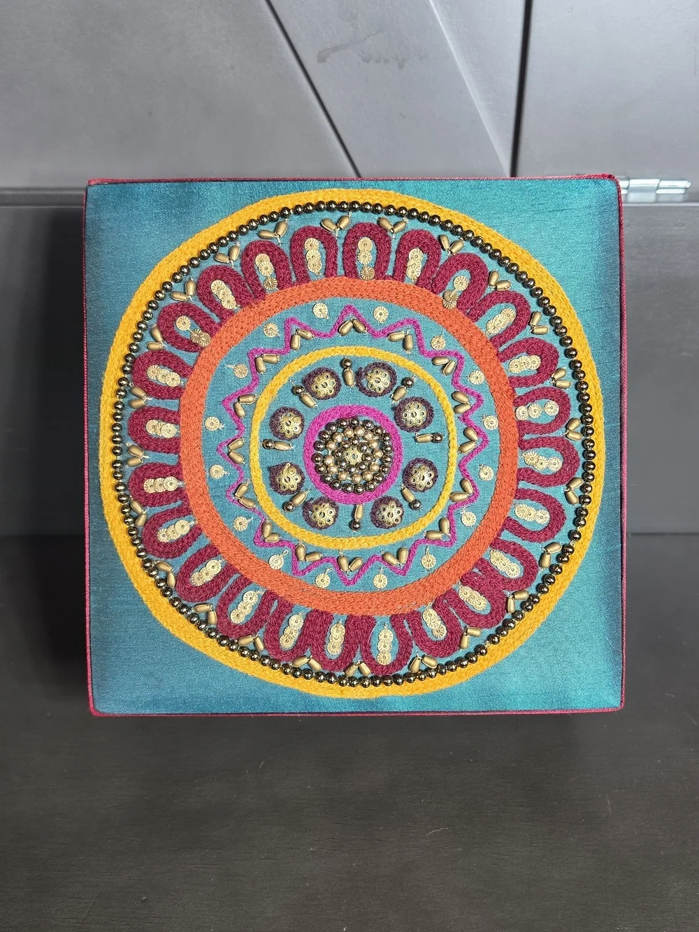 Jewelry Box With Mirror Beaded Fabric Covered Handmade In India Teal & Pink
